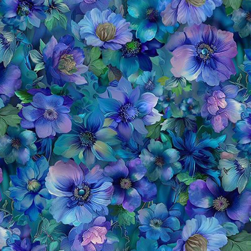 Mottled blue fabric with a lush, dense pattern of intricately detailed florals.