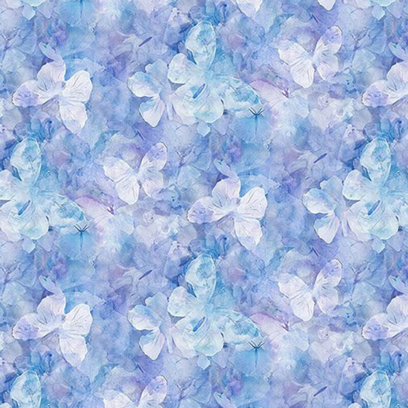 Blue fabric with a dense pattern of intricately mottled butterfly wings.