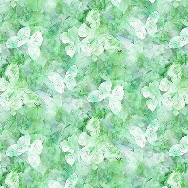 Green fabric with a dense pattern of intricately mottled butterfly wings.