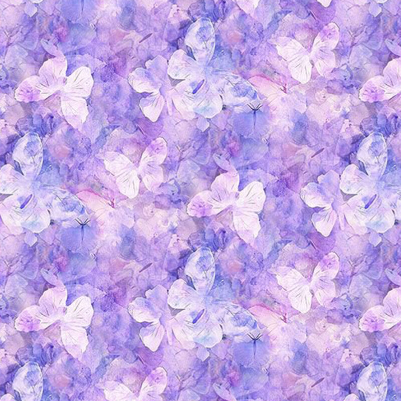 Purple fabric with a dense pattern of intricately mottled butterfly wings.