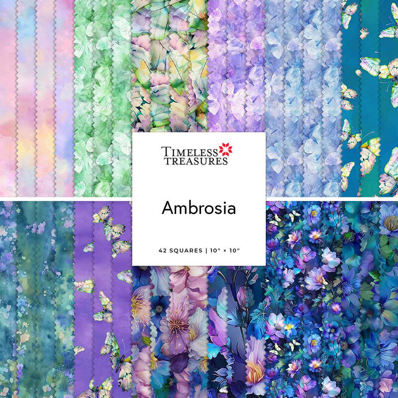 Colorful floral fabric squares labeled “Timeless Treasures Ambrosia” on a package cover.