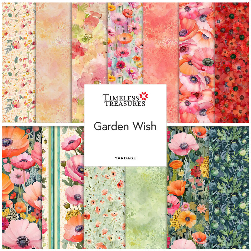 Digital collage of the available yardage fabrics from the Garden Wish fabric collection.
