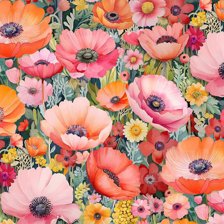 Intricate floral fabric with a packed pattern of multicolor poppies.