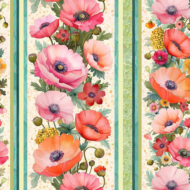 Mottled cream fabric with a dotted pattern topped with multicolored poppies and stripes of teal and sage.