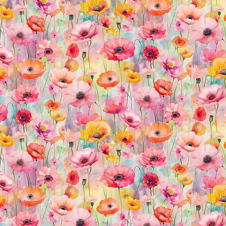 Mottled fabric with multicolored watercolor pastels topped with pink, red, and orange poppies.