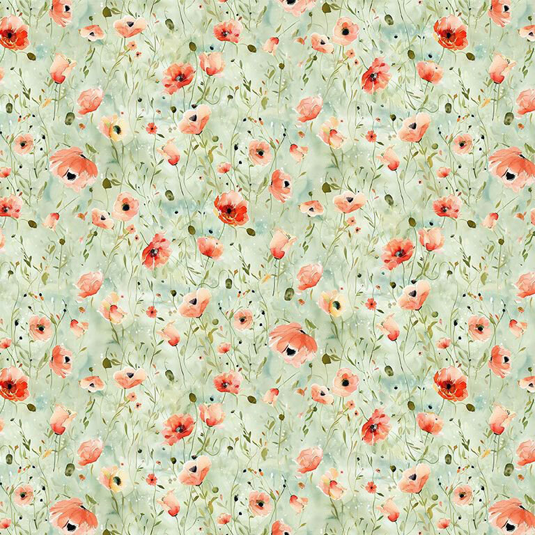 Mottled sage fabric with a scattered design of small orange-pink poppies.