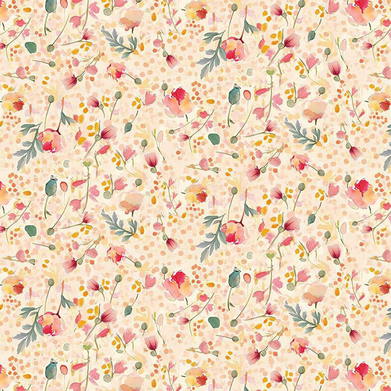 Mottled cream fabric with warm-tone dots and tossed watercolor poppies.