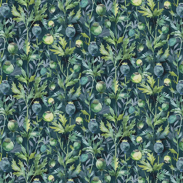 Mottled lagoon blue fabric with a packed design of green and teal poppy pods.