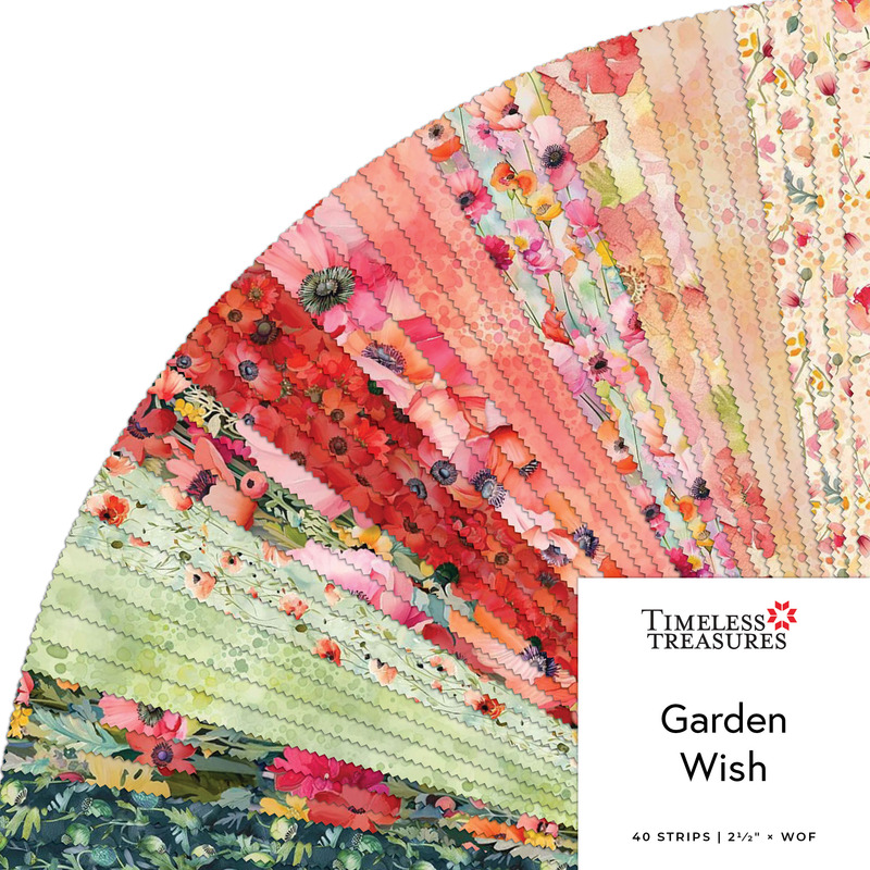 Digital collage of the 2.5" Strip Roll Bundle from the Garden Wish fabric collection.