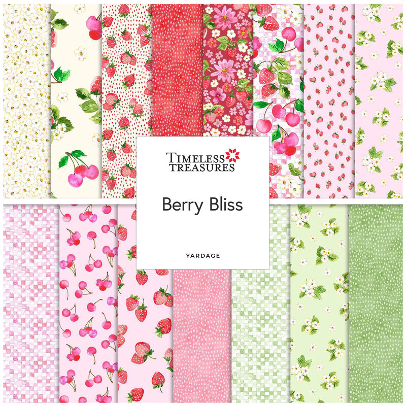 Square collage of red, pink, cream, and green fabrics featuring berries, checkers, florals, and dotted patterns.