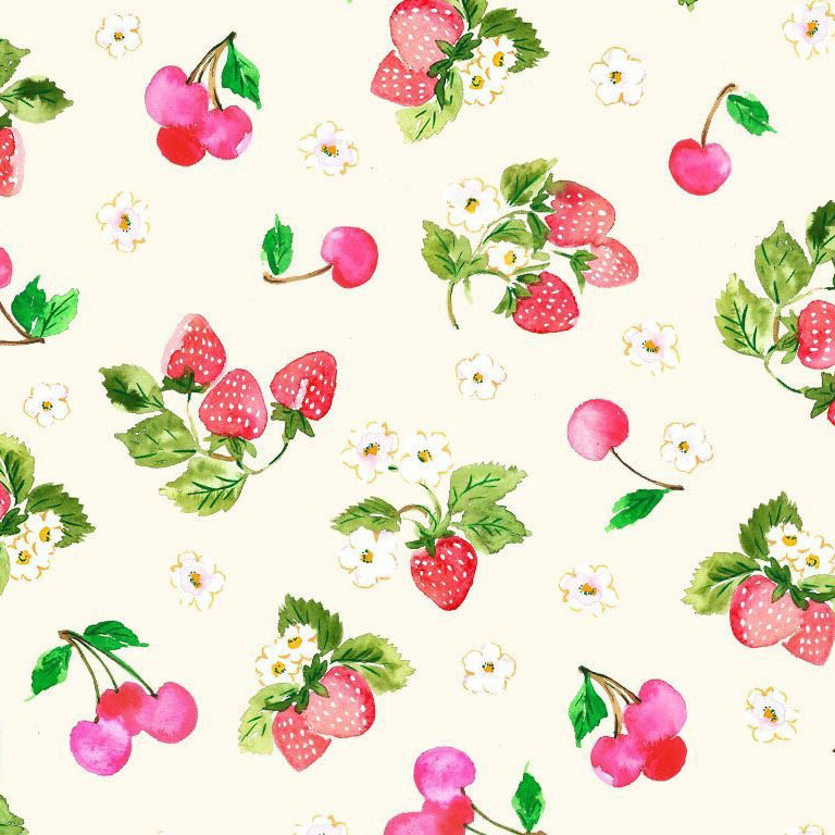 watercolor floral blossoms, cherries, and strawberries scattered on a cream background.