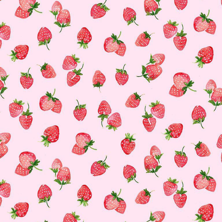 watercolor strawberries tossed on a pale pink background.