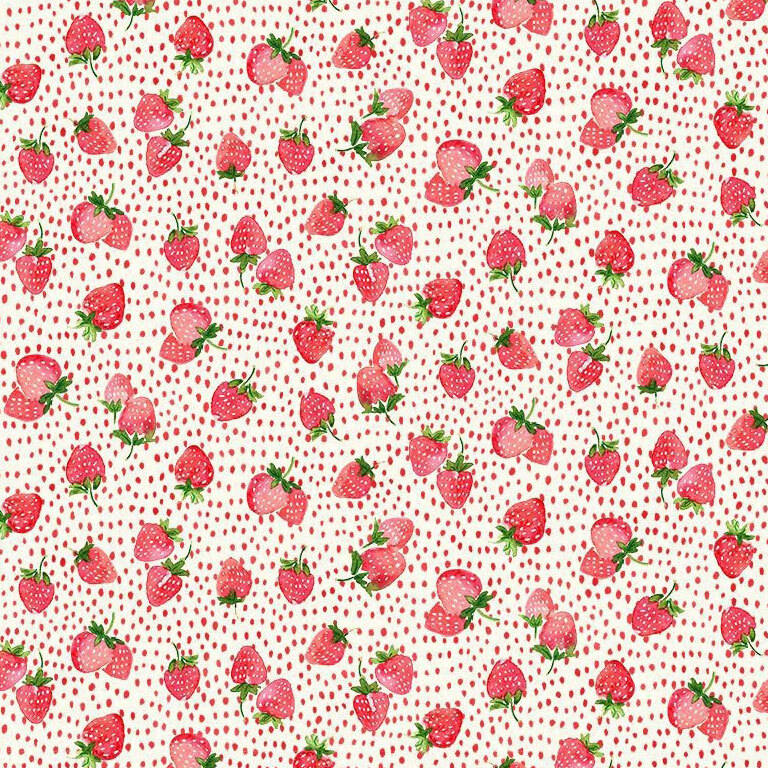 watercolor-styled strawberries tossed on a soft ivory background with red seed-like dots.