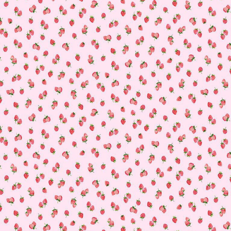 tiny watercolor-styled strawberries tossed on a pale pink background.