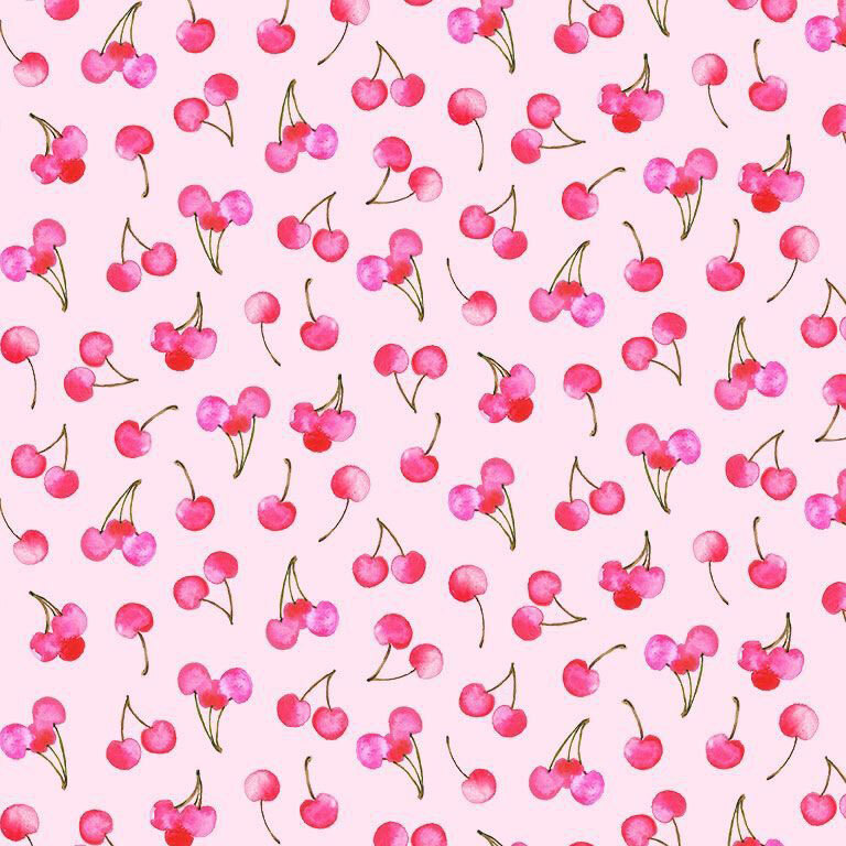 pink watercolor-styled cherries tossed on a pale pink background.