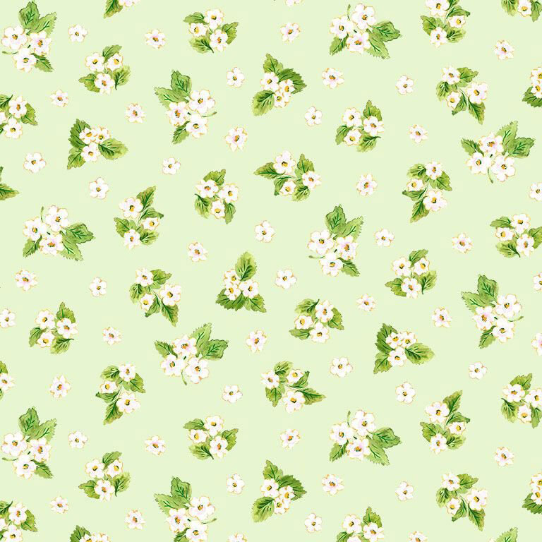 white and yellow floral blossoms and green leaves on a pale green background.