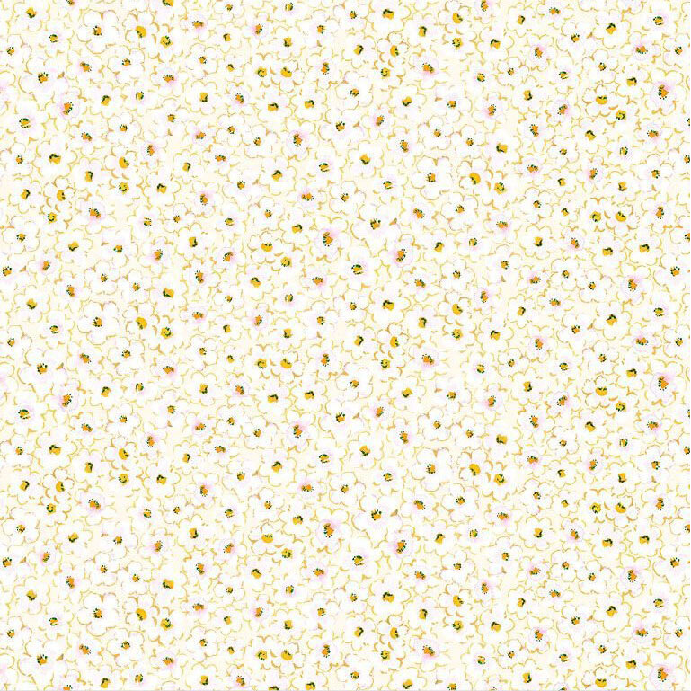 cream fabric with a packed pattern of yellow and white berry blossoms.
