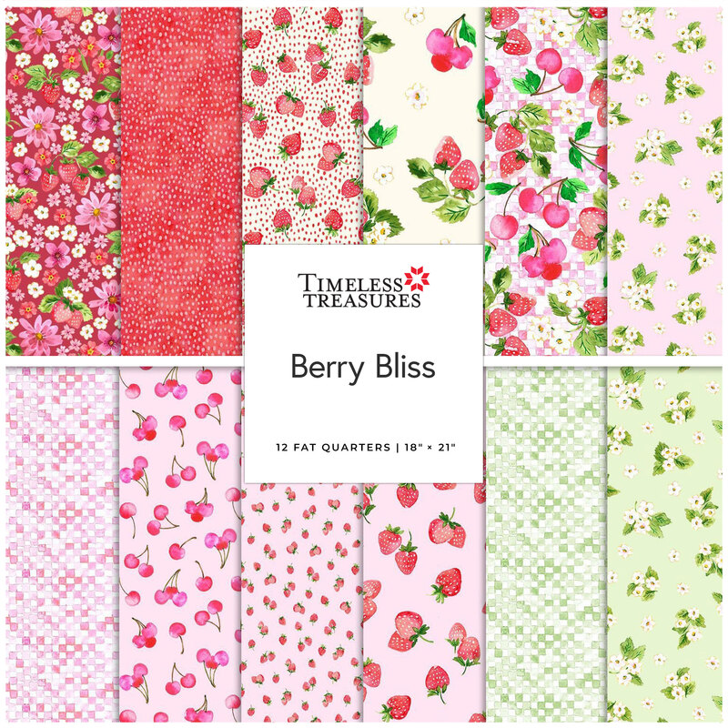 Square collage of red, pink, cream, and green fabrics featuring berries, checkers, florals, and dotted patterns.