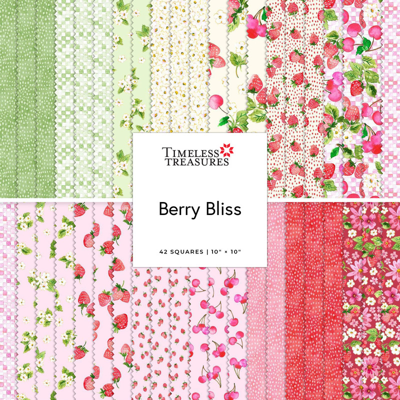 Square collage of red, pink, cream, and green fabrics featuring berries, checkers, florals, and dotted patterns.