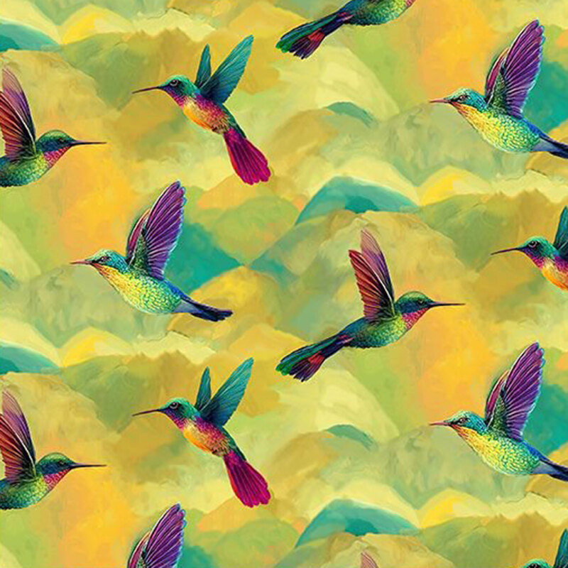 Mottled yellow fabric with a graceful pattern of tossed hummingbirds against a softly clouded sky.