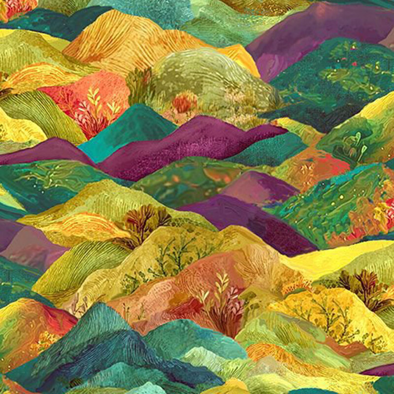 Fabric with a scenic pattern of colorful mountains accented with stylized florals.