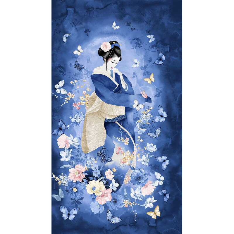 Blue fabric panel with an elegant geisha as the centerpiece, framed by stylized florals and delicate butterflies.