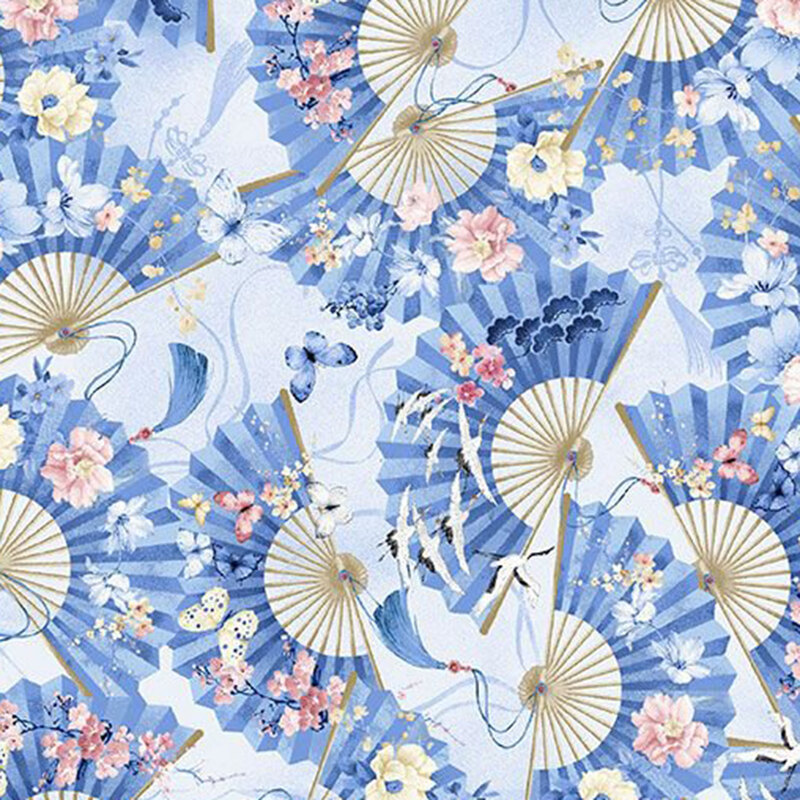 Blue fabric with a tossed pattern of stylized fans accented with delicate butterflies and floral motifs.
