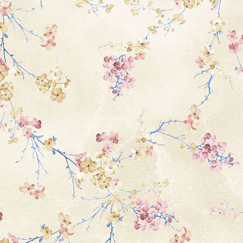 Mottled cream fabric with a scattered pattern of delicate branches adorned with charming cherry blossoms.