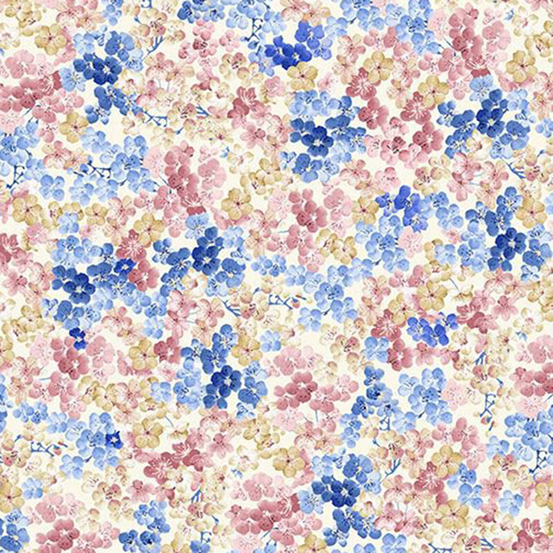 Cream fabric with a dense pattern of pink, blue, and yellow floral motifs.