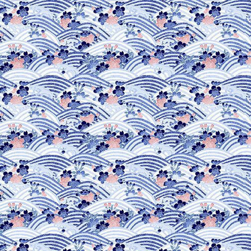 Blue fabric with a scalloped pattern adorned with stylized floral motifs.