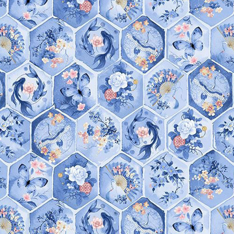 Soft blue fabric with a lattice pattern filled with Asian-inspired motifs, including florals, koi fish, fans, and more.