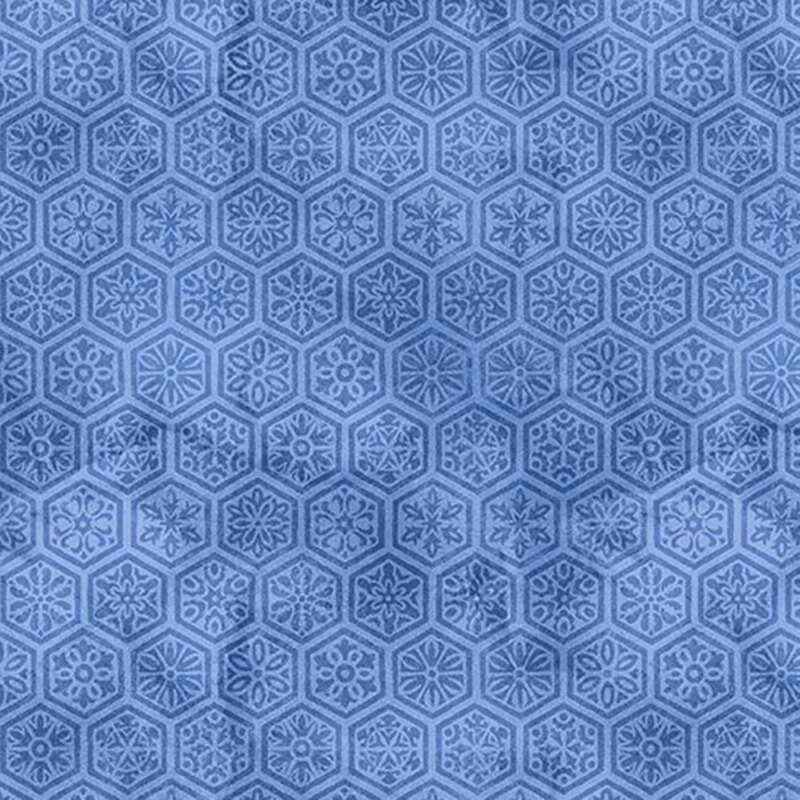 Mottled blue fabric with a pattern of Japanese-inspired tonal sigils.