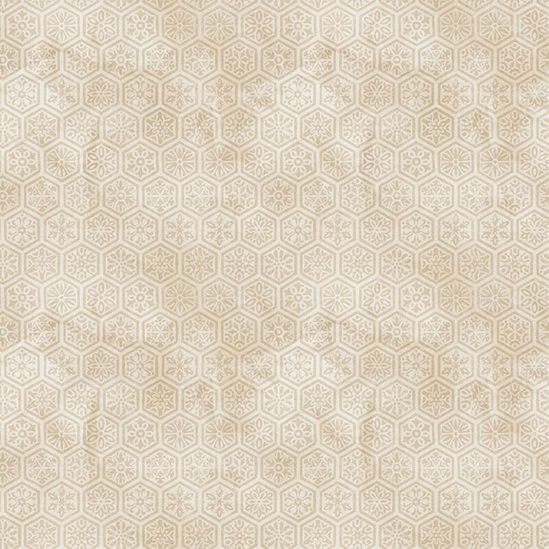 Mottled cream fabric with a pattern of Japanese-inspired tonal sigils.