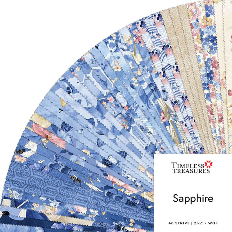 Fan-shaped sample of blue and beige woven fabric swatches labeled “Sapphire” and “Timeless Treasures”