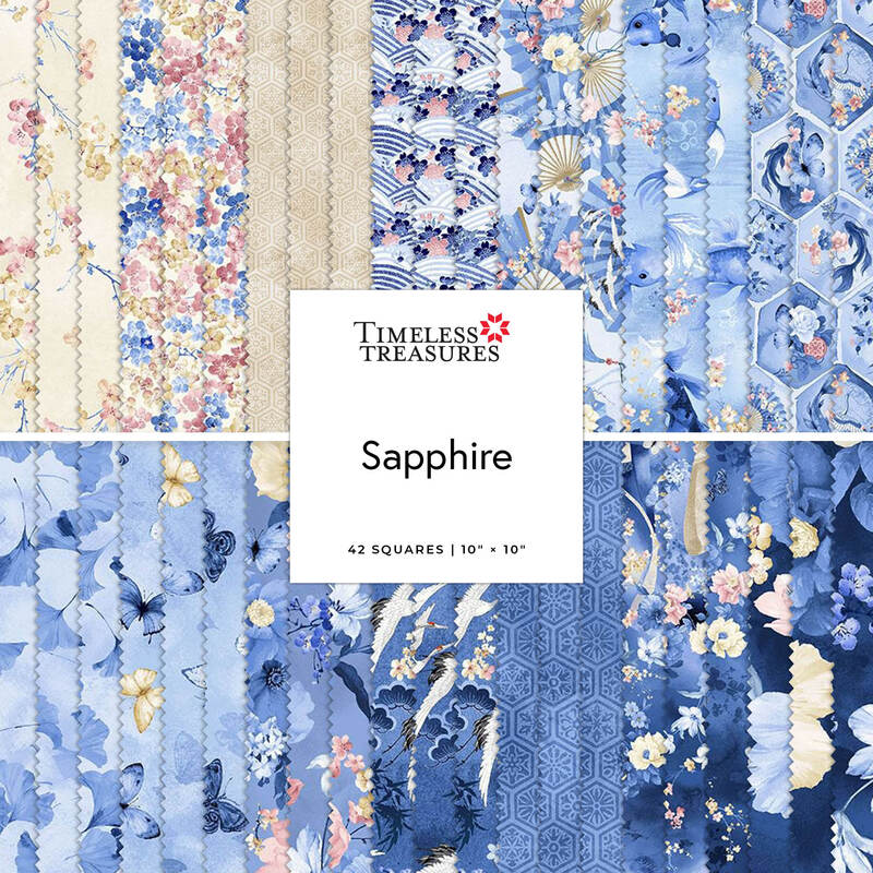 Blue floral fabric swatches with “Timeless Treasures Sapphire” label in the center.