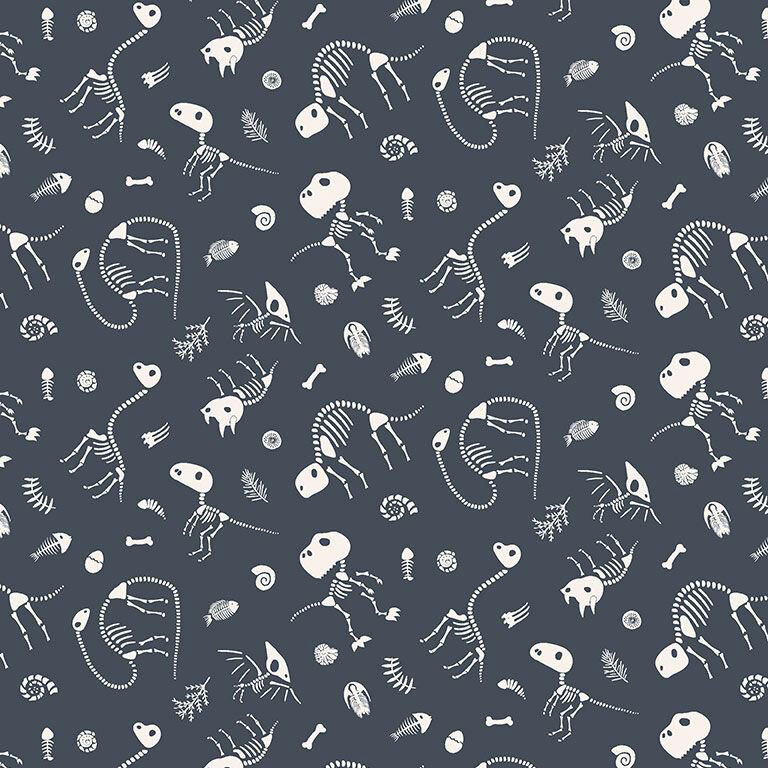 Midnight blue fabric with a tossed design of white botanical and dinosaur fossils.