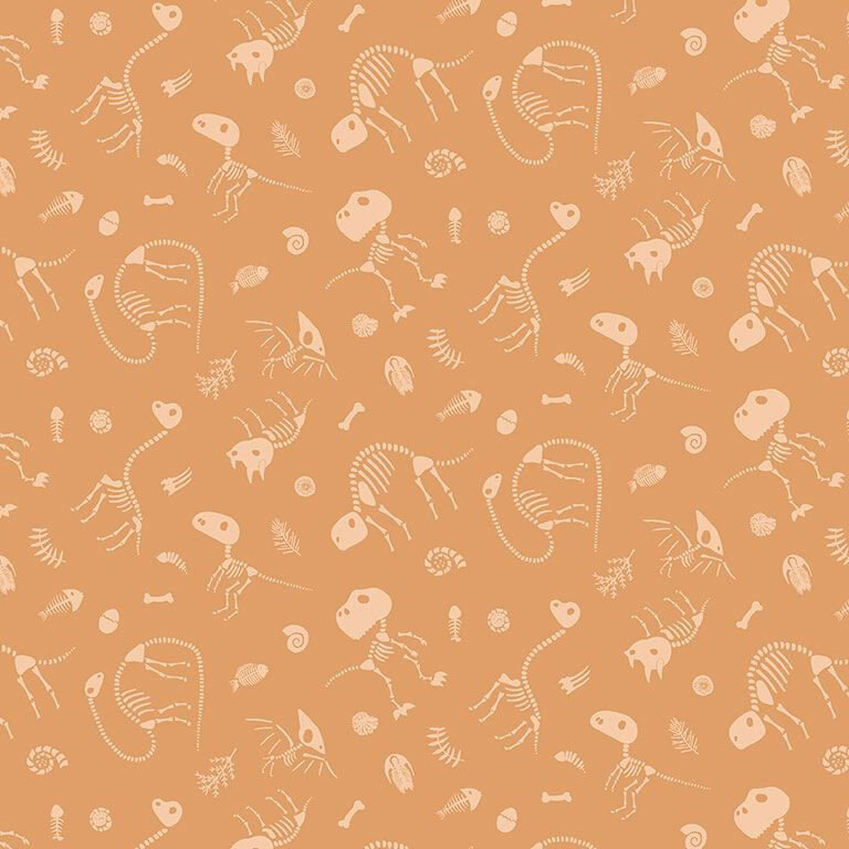 Tonal pale orange fabric features a tossed design of peach-orange botanical and dinosaur fossils.