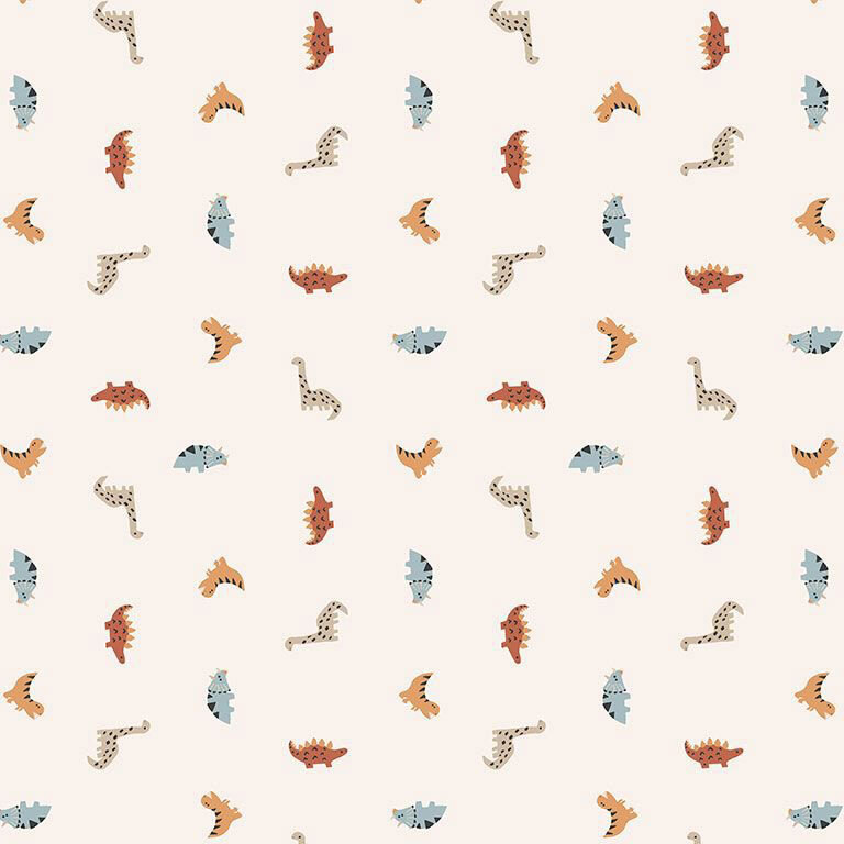 Cream fabric with a tossed design of small and multicolored dinosaurs.