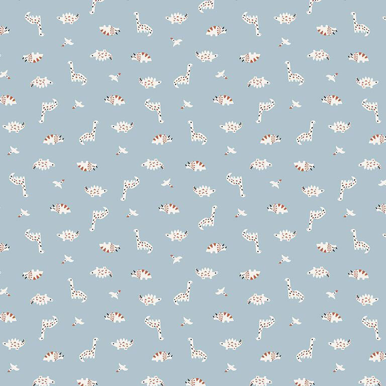 Baby blue fabric with a tossed pattern of small white and rusty-orange dinosaurs.