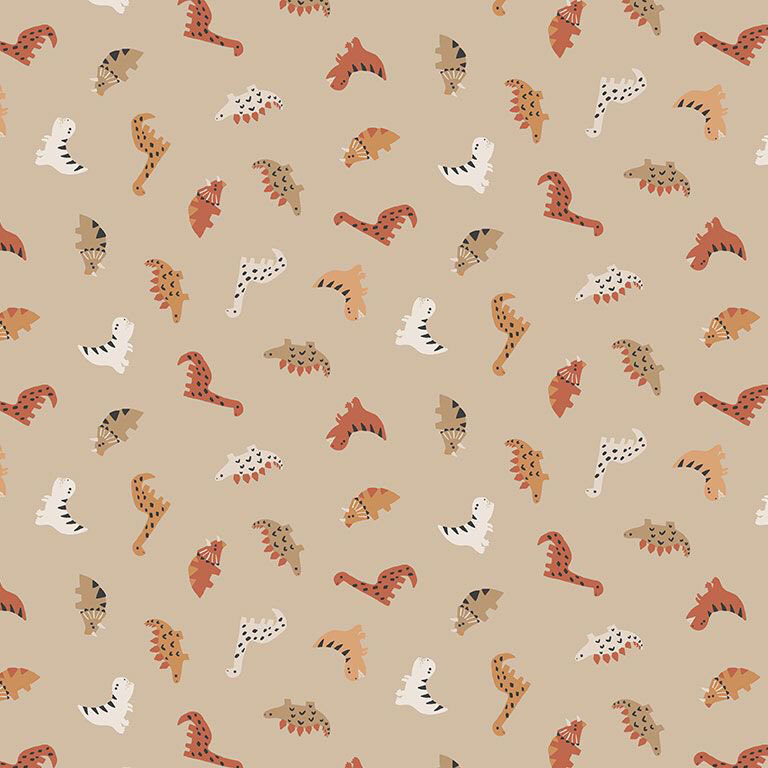 Latte brown fabric with a tossed design of small, multicolored dinosaurs.