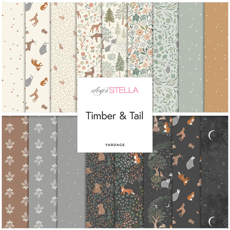 Digital collage of the available yardage fabrics from the Timber & Tail fabric collection.