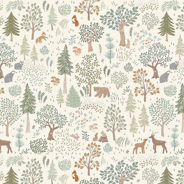 Cream fabric with a design of woodland creatures in a stylized, lively forest.