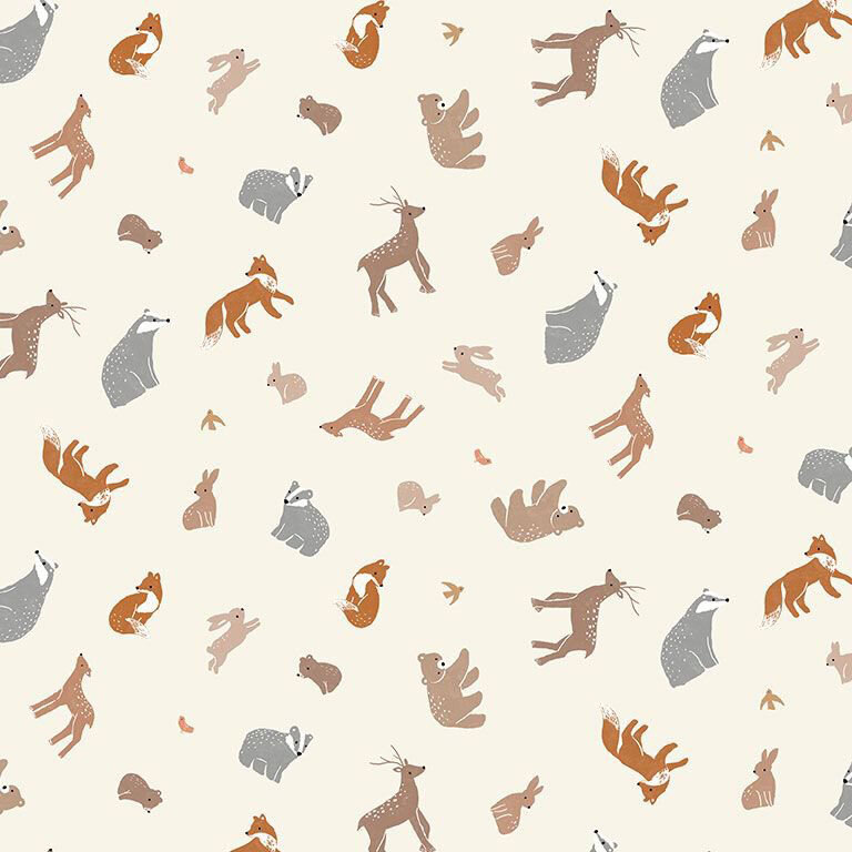 Cream fabric with a pattern of tossed woodland creatures like foxes, badgers, bear cubs, deer, and more.