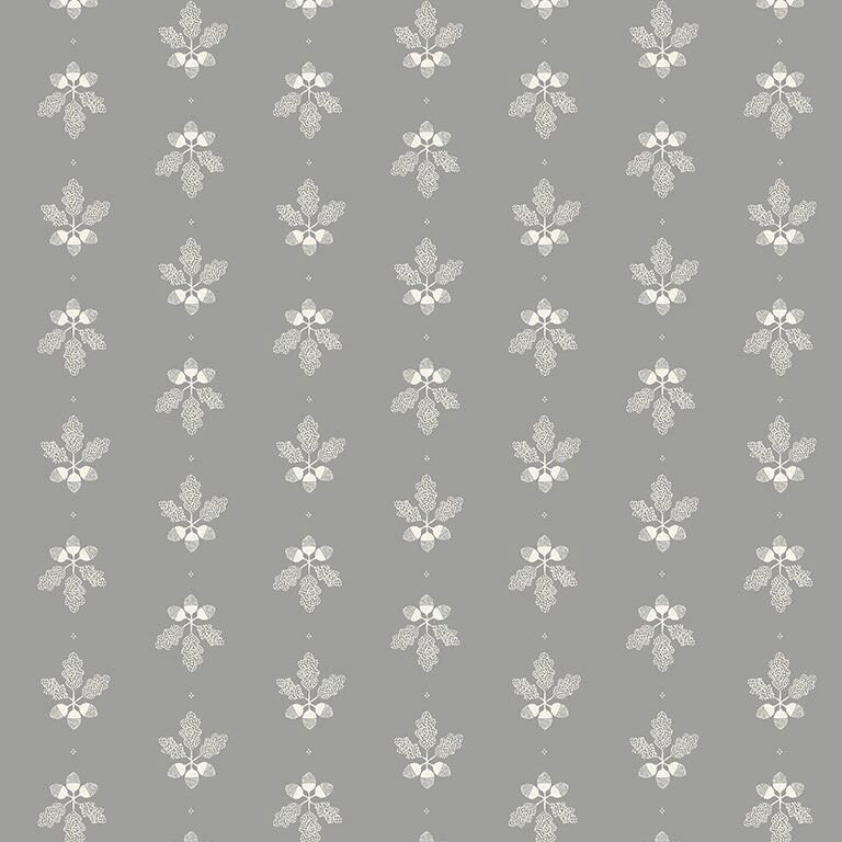 Steel colored fabric with a staggered grid of white leafy sprigs with nutshells.
