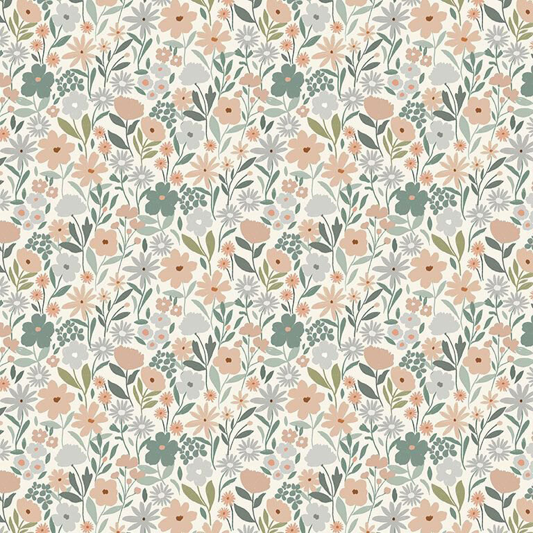 Cream fabric with a packed design of gray, orange, and green florals.