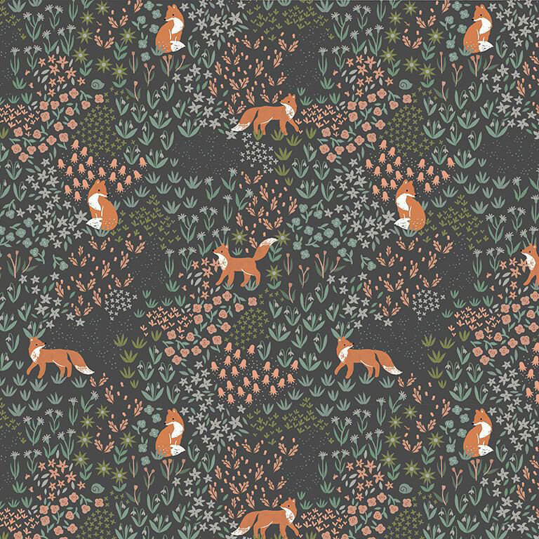 Soft black fabric with a packed design of small florals topped with a variety of red foxes.