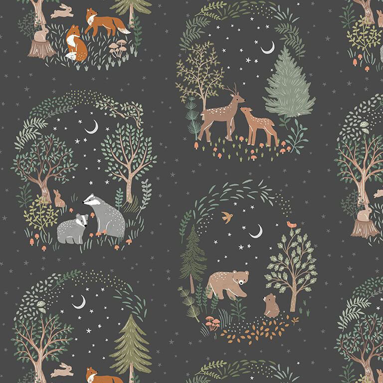 Soft black fabric with a dark gray star pattern topped with a novel toile design of different woodland creatures in forest scenes.