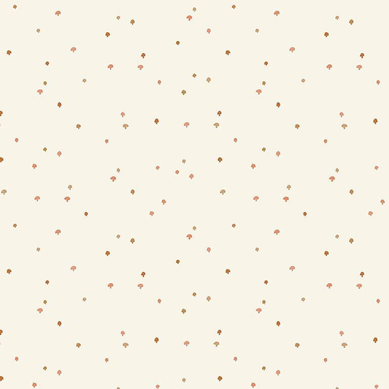 Cream fabric with a scattered design of tiny brown and orange mushrooms.