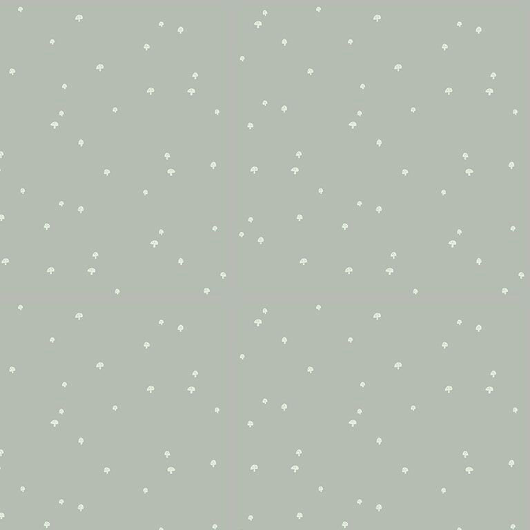 Lichen-sage fabric with a scattered design of tiny white mushrooms.