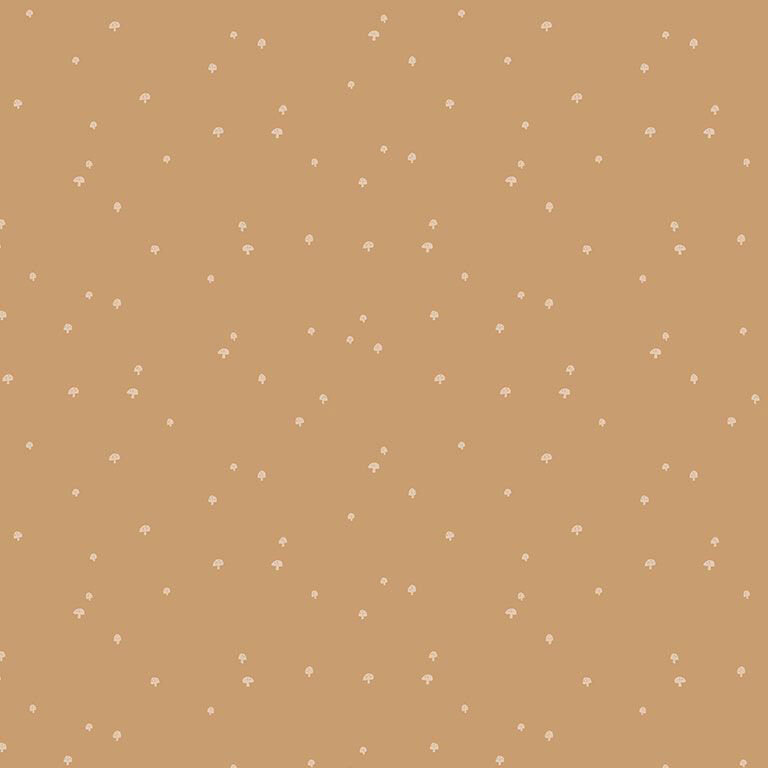 Suede brown fabric with a scattered design of tiny light brown mushrooms.